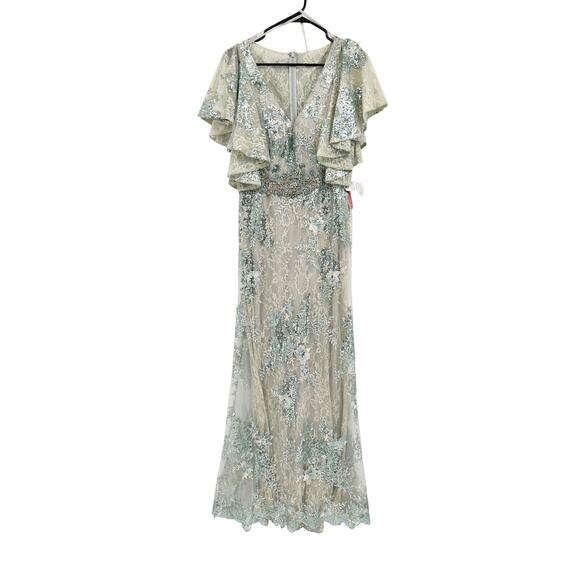 Mac Duggal 67842 Bell Sleeve Floral Seafoam Embellished Gown Dress 8 NWT - Picture 2 of 11